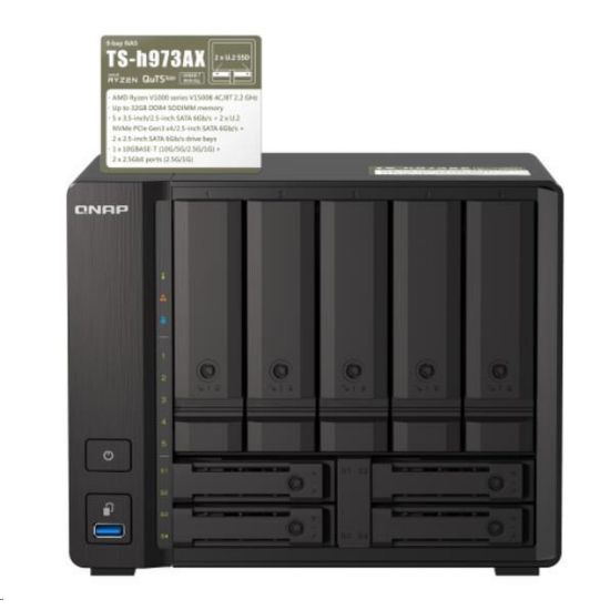 Obrázek QNAP TS- h973AX- 8G (4C/ RyzenV1500B/ 2, 2GHz/ 8 GBRAM/ 9xSATA/ 2 x 2, 5GbE/ 1 x 10GbE/ 4xUSB3.2)