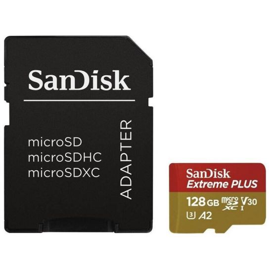 Obrázek SanDisk micro SDXC karta 128 GB Extreme PLUS (200 MB/ s Class 10, UHS- I U3 V30) + adaptér