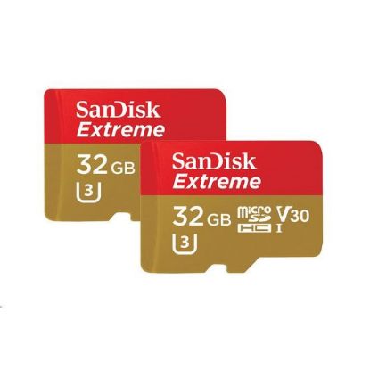 Obrázek SanDisk MicroSDHC karta 32 GB Extreme (100MB/ s, A1 C10 V30 UHS- I U3, pro akční kamery) + adaptér, Twin Pack