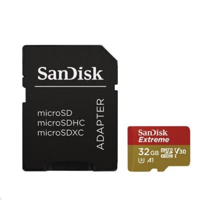 Obrázek SanDisk MicroSDHC karta 32 GB Extreme (100MB/ s, Class 10 UHS- I V30, pro akční kamery) + adaptér
