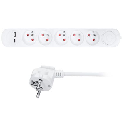 Obrázek Solight prodlužovací přívod 5 zásuvek, USB A+C nabíječka 12 W, 3m, 3 x 1mm2, bílý, vypínač