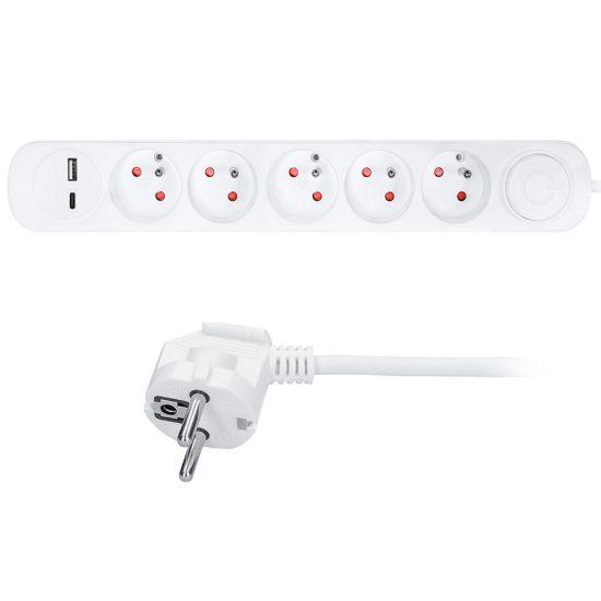 Obrázek Solight prodlužovací přívod 5 zásuvek, USB A+C nabíječka 12 W, 3m, 3 x 1mm2, bílý, vypínač