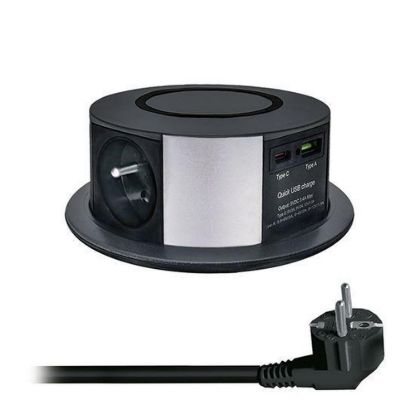 Obrázek Solight 3z + USB A+C 20 W PD, Wireless 10 W, výsuvný blok zásuvek, 2m, černý
