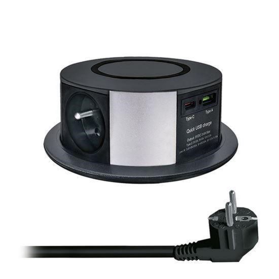 Obrázek Solight 3z + USB A+C 20 W PD, Wireless 10 W, výsuvný blok zásuvek, 2m, černý