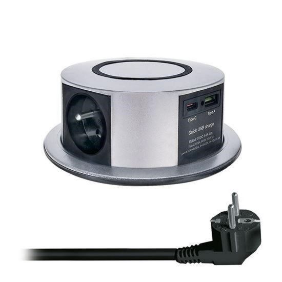 Obrázek Solight 3z + USB A+C 20 W PD, Wireless 10 W, výsuvný blok zásuvek, 2m, stříbrný