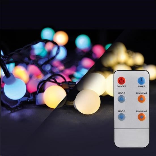 Obrázek Solight LED 2v1 venkovní vánoční řetěz, koule, dálkový ovladač, 200LED, RGB+bílá, 20m+5m, 8 funkcí, IP44