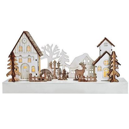 Obrázek Solight LED vánoční vesnička, 34 x 17cm, dřevo, 4 LED, 2x AA