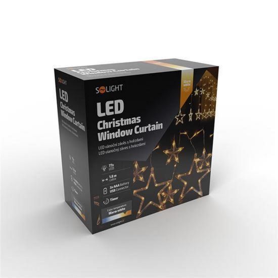 Obrázek Solight LED vánoční závěs, hvězdy, šíře 1, 8m, 77LED, IP20, 3xAA, USB