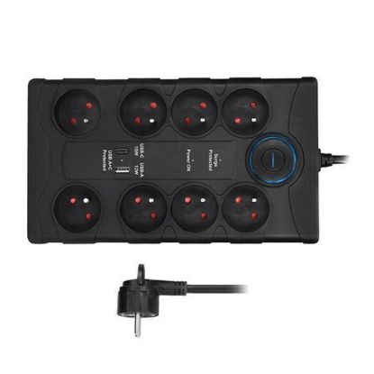 Obrázek Solight přepěťová ochrana, 8z, USB A+CA, 2m, černá