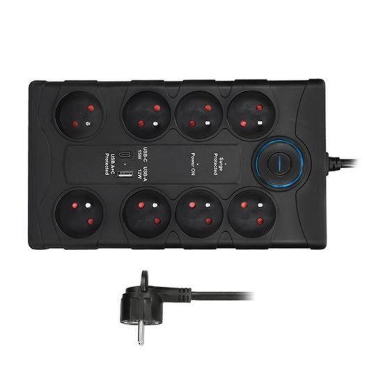 Obrázek Solight přepěťová ochrana, 8z, USB A+CA, 2m, černá