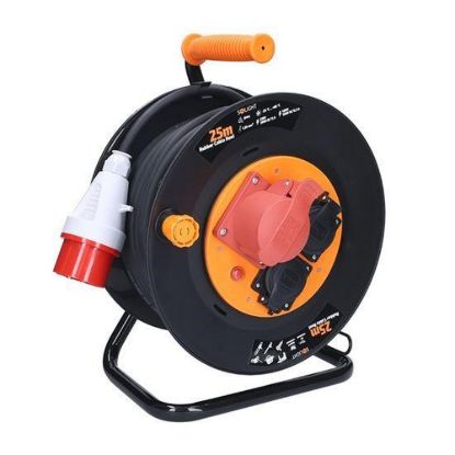 Obrázek Solight prodlužovací přívod na bubnu, 3 zásuvky, 400V + 230V, 25m gumový kabel 5 x 1, 5mm2, IP44