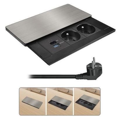 Obrázek Solight vestavný blok zásuvek s posuvným krytem, 2 zásuvky, USB A+C 65 W PD, 2m, stříbrný