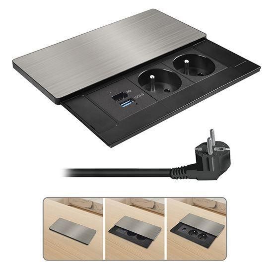 Obrázek Solight vestavný blok zásuvek s posuvným krytem, 2 zásuvky, USB A+C 65 W PD, 2m, stříbrný