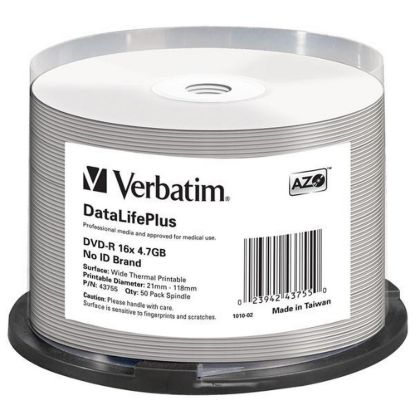 Obrázek VERBATIM DVD- R(50- Pack)/ Spindle/ 16X/ 4.7 GB/ DataLife Plus Wide Thermal Professional No ID Brand
