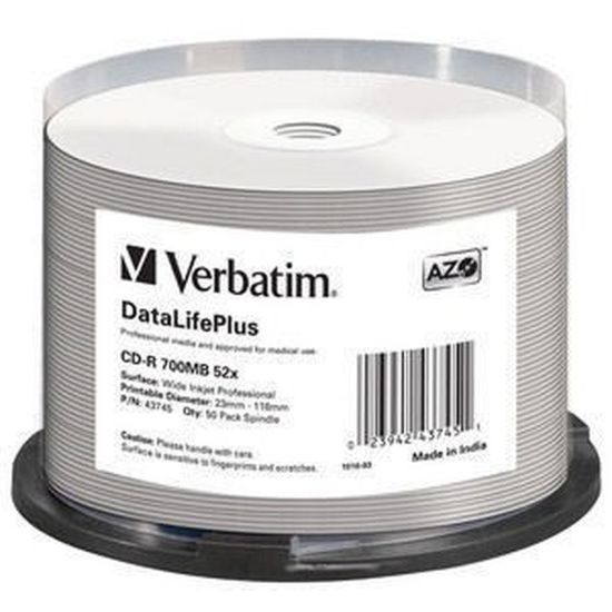 Obrázek VERBATIM CD- R(50- pack) spindl, AZO 52X, 700MB, WHITE WIDE PRINTABLE SURFACE NON- ID