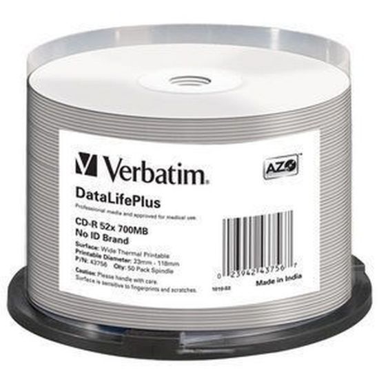 Obrázek VERBATIM CD- R(50- pack) spindl, AZO 52X, 700MB, WHITE WIDE THERMAL PRINTABLE SURFACE NON- ID