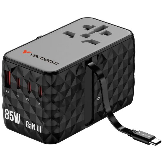 Obrázek VERBATIM GaN Nabíječka do sítě s vestavěným USB- C kabelem Charge 'n' Travel, 85 W, 4xUSB- C, 1xUSB
